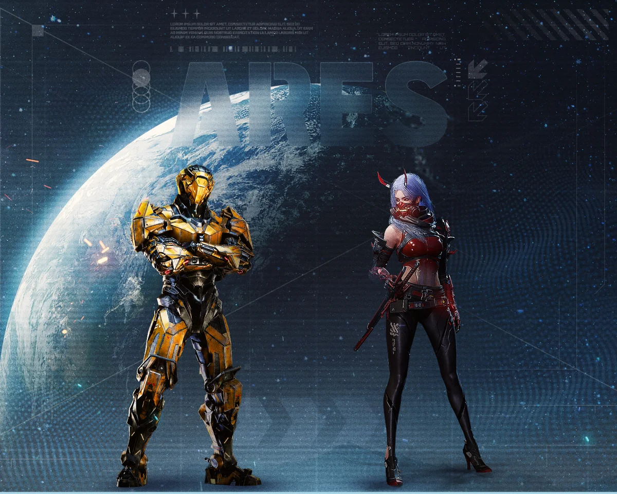 Ares: The Iron Vanguard official artwork: two armored Guardians before a planet