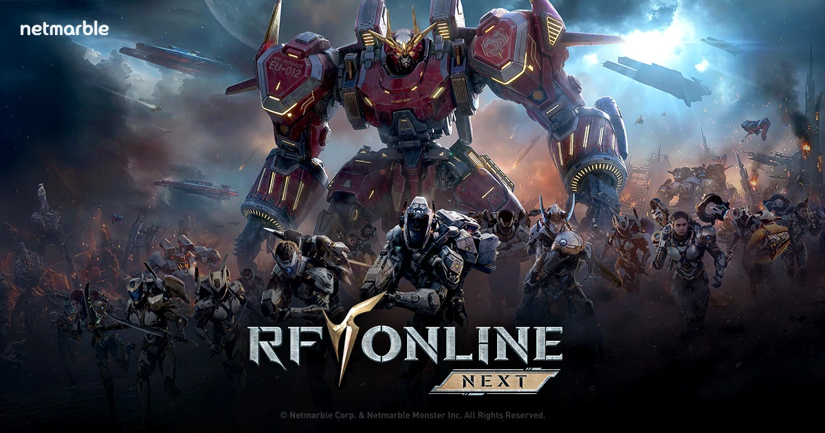 RF Online Next official artwork: armored biosuits and a towering combat mech